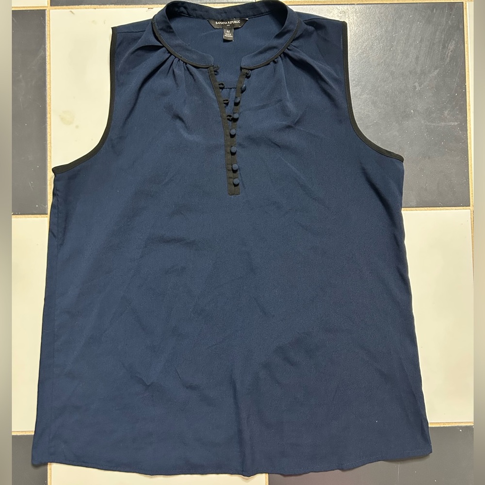 Banana Republic Blue Sleeveless Tank Top with Mandarin Collar